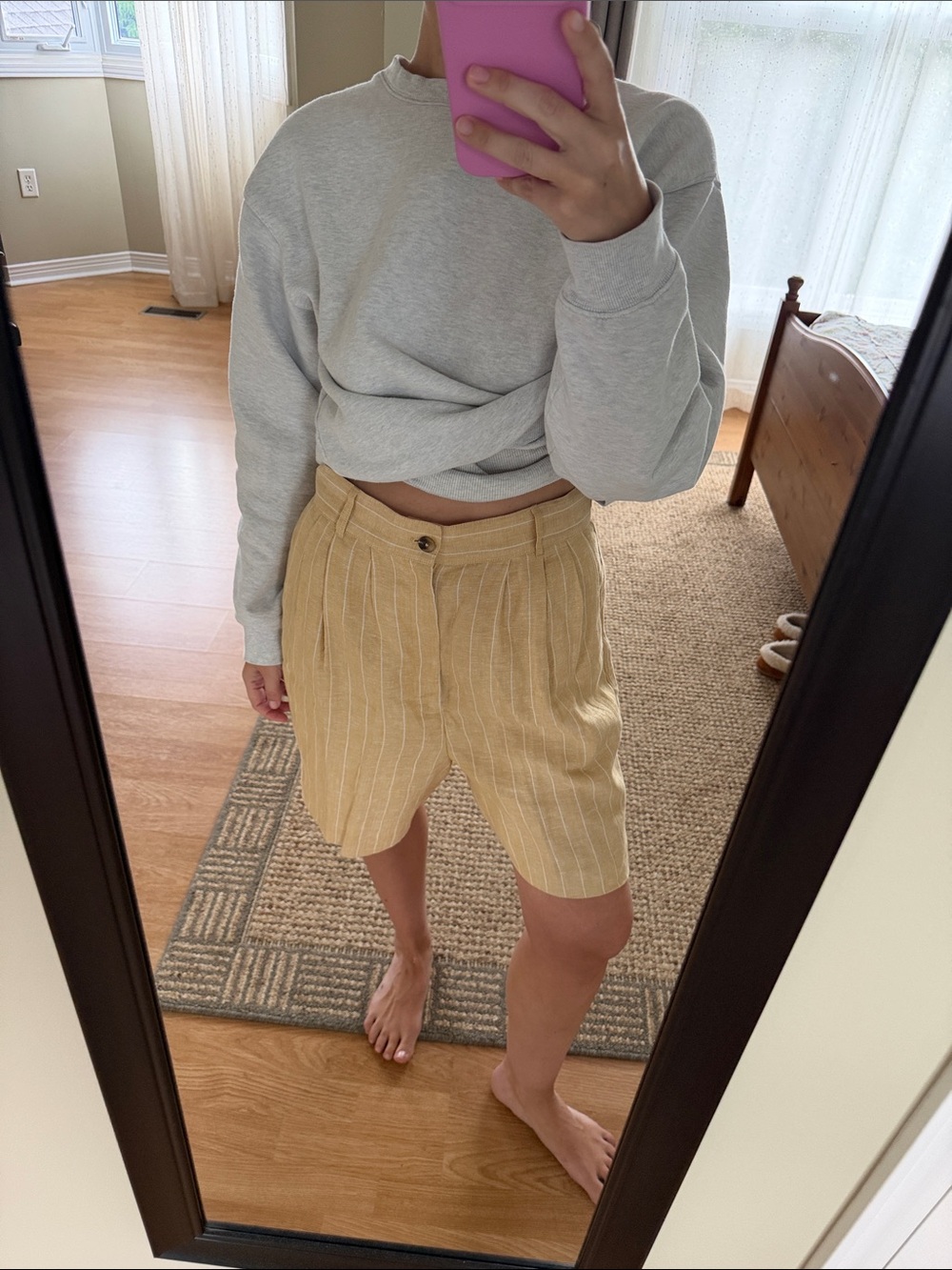 Reformation High Waist Pinstripe Linen Blend Shorts in Mustard
